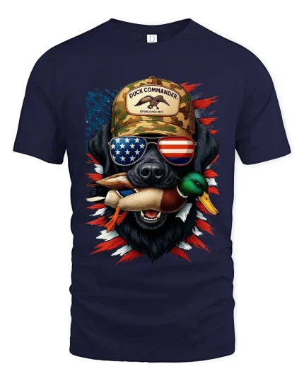 Duck Hunter Dog Patriotic Sunglasses Graphic T Shirt - navy t-shirt on white background