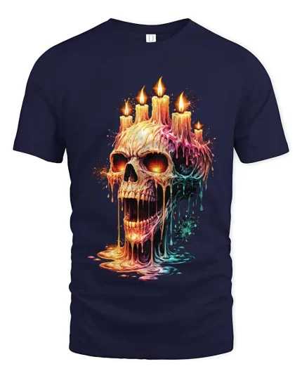 Melting Skull Candle Dark Gothic Horror Graphic T Shirt - navy t-shirt on white background