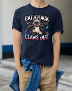 Cat Attack Claws Out Funny Angry Cat Graphic T Shirt - model wearing navy tee with hands in pockets
