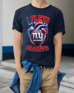 I Bleed New York Giants Football Fan Graphic T Shirt - model wearing navy tee with hands in pockets