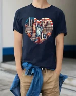 USA Landmarks Heart Patriotic Travel Graphic T Shirt - model wearing navy tee with hands in pockets
