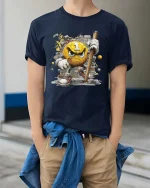 Angry Number One Smash Character Funny Graphic T Shirt - model wearing navy tee with hands in pockets