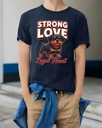 Strong Love Loyal Heart Rottweiler Dog Graphic T Shirt - model wearing navy tee with hands in pockets