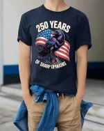 250 Years Of Sharp Opinions Raven Patriotic T Shirt - model wearing navy tee with hands in pockets