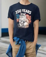 250 Years Patriotic Cat American Flag Graphic T Shirt - model wearing navy tee with hands in pockets