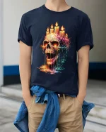 Melting Skull Candle Dark Gothic Horror Graphic T Shirt - model wearing navy tee with hands in pockets
