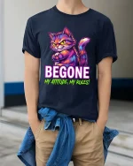 Begone My Attitude My Rules Funny Cat Graphic T Shirt - model wearing navy tee with hands in pockets