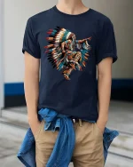 Native Inspired Feather Dance Artistic Culture Graphic T Shirt - model wearing navy tee with hands in pockets
