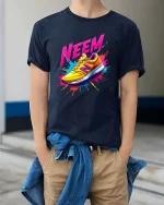 NEEM Sneaker Splash Colorful Street Style Graphic T Shirt - model wearing navy tee with hands in pockets