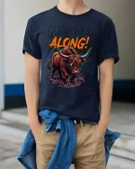 Mooove Along Funny Highland Cow Attitude Graphic T Shirt - model wearing navy tee with hands in pockets