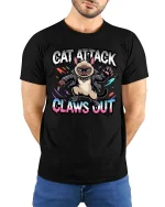 Cat Attack Claws Out Funny Angry Cat Graphic T Shirt - model wearing black tee with hands behind back