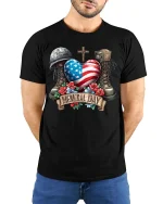 Memorial Day Patriotic Heart Flag Tribute Graphic T Shirt - model wearing black tee with hands behind back