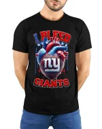 I Bleed New York Giants Football Fan Graphic T Shirt - model wearing black tee with hands behind back