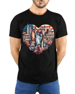 USA Landmarks Heart Patriotic Travel Graphic T Shirt - model wearing black tee with hands behind back