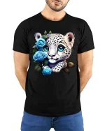 Cute Snow Leopard Cub Blue Roses Graphic T Shirt Design - model wearing black tee with hands behind back