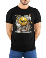 Angry Number One Smash Character Funny Graphic T Shirt - model wearing black tee with hands behind back