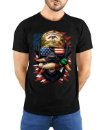 Duck Hunter Dog Patriotic Sunglasses Graphic T Shirt - model wearing black tee with hands behind back