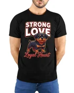 Strong Love Loyal Heart Rottweiler Dog Graphic T Shirt - model wearing black tee with hands behind back
