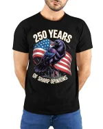 250 Years Of Sharp Opinions Raven Patriotic T Shirt - model wearing black tee with hands behind back