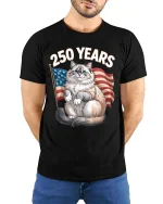 250 Years Patriotic Cat American Flag Graphic T Shirt - model wearing black tee with hands behind back