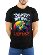 Toucan Play That Game Funny Bold Attitude Graphic T Shirt - model wearing black tee with hands behind back