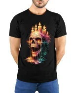 Melting Skull Candle Dark Gothic Horror Graphic T Shirt - model wearing black tee with hands behind back