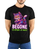 Begone My Attitude My Rules Funny Cat Graphic T Shirt - model wearing black tee with hands behind back