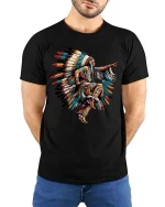 Native Inspired Feather Dance Artistic Culture Graphic T Shirt - model wearing black tee with hands behind back
