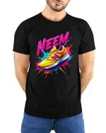 NEEM Sneaker Splash Colorful Street Style Graphic T Shirt - model wearing black tee with hands behind back