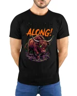 Mooove Along Funny Highland Cow Attitude Graphic T Shirt - model wearing black tee with hands behind back