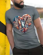 USA Landmarks Heart Patriotic Travel Graphic T Shirt - model wearing grey tee, leaning on column