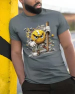 Angry Number One Smash Character Funny Graphic T Shirt - model wearing grey tee, leaning on column