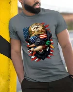 Duck Hunter Dog Patriotic Sunglasses Graphic T Shirt - model wearing grey tee, leaning on column
