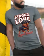 Strong Love Loyal Heart Rottweiler Dog Graphic T Shirt - model wearing grey tee, leaning on column