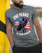 250 Years Of Sharp Opinions Raven Patriotic T Shirt - model wearing grey tee, leaning on column