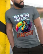 Toucan Play That Game Funny Bold Attitude Graphic T Shirt - model wearing grey tee, leaning on column
