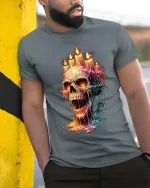Melting Skull Candle Dark Gothic Horror Graphic T Shirt - model wearing grey tee, leaning on column