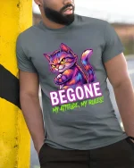 Begone My Attitude My Rules Funny Cat Graphic T Shirt - model wearing grey tee, leaning on column