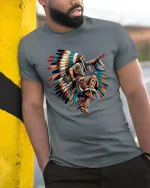 Native Inspired Feather Dance Artistic Culture Graphic T Shirt - model wearing grey tee, leaning on column