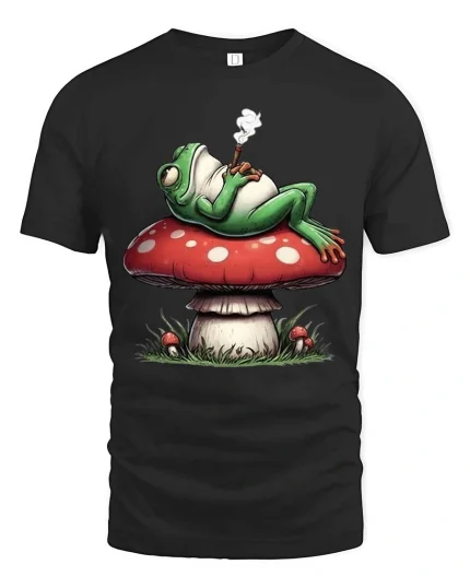 Chill Frog Smoking on Mushroom Funny Graphic T Shirt Vibes - black t-shirt on white background