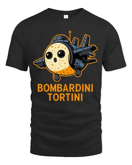 Bombardini Tortini Funny Plane Cartoon Graphic T Shirt Cool - black t-shirt on white background