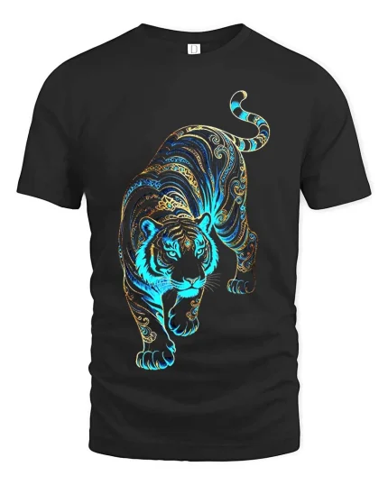 Ornate Tiger Blue Gold Pattern Graphic T Shirt Bold Style - black t-shirt on white background