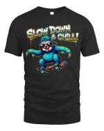 Slow Down and Chill Sloth Skateboard Funny Graphic T Shirt - black t-shirt on white background