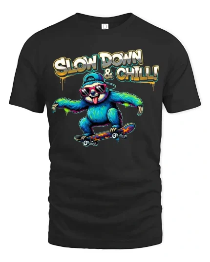 Slow Down and Chill Sloth Skateboard Funny Graphic T Shirt - black t-shirt on white background