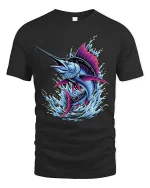 Colorful Marlin Fish Splash Ocean Graphic T Shirt Bold Design - black t-shirt on white background