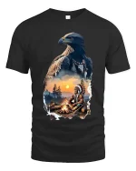 Majestic Eagle Spirit Native Campfire Scenic Graphic T Shirt - black t-shirt on white background