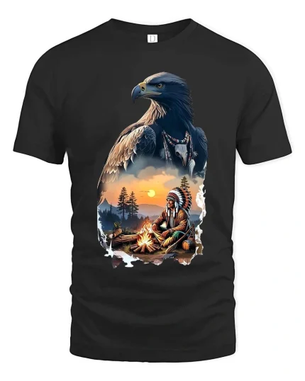 Majestic Eagle Spirit Native Campfire Scenic Graphic T Shirt - black t-shirt on white background
