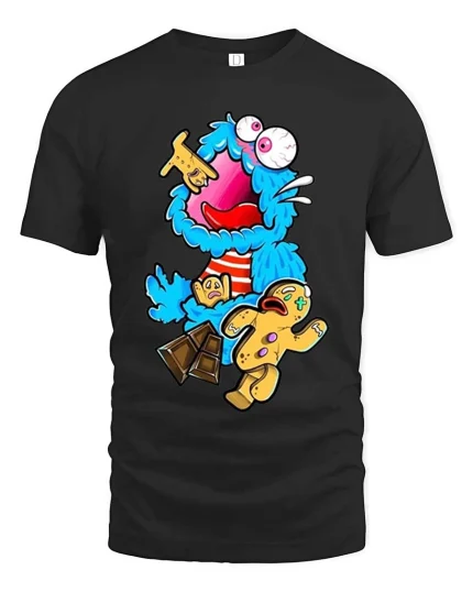 Crazy Blue Monster Cookie Candy Funny Graphic T Shirt Cartoon - black t-shirt on white background