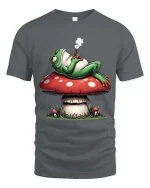 Chill Frog Smoking on Mushroom Funny Graphic T Shirt Vibes - gray t-shirt on white background