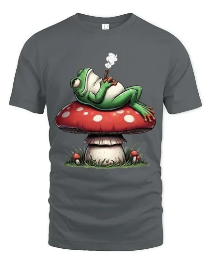 Chill Frog Smoking on Mushroom Funny Graphic T Shirt Vibes - gray t-shirt on white background
